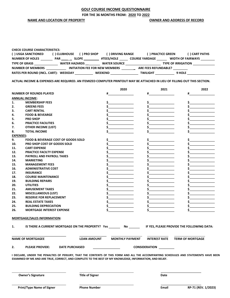 Form RP-71 Golf Course Income Questionnaire - Maryland, Page 1