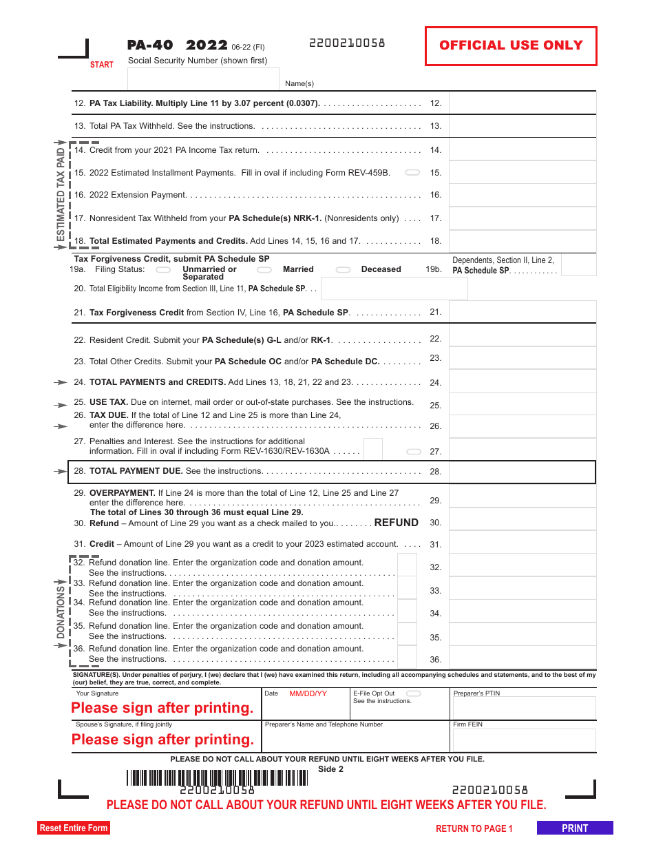 Form PA 40 Download Fillable PDF Or Fill Online Pennsylvania Income Tax Return 2022