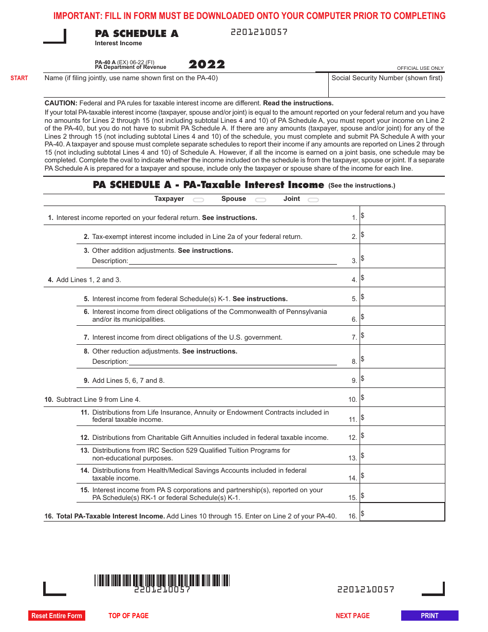 Form PA-40 Schedule A Interest Income - Pennsylvania, Page 1