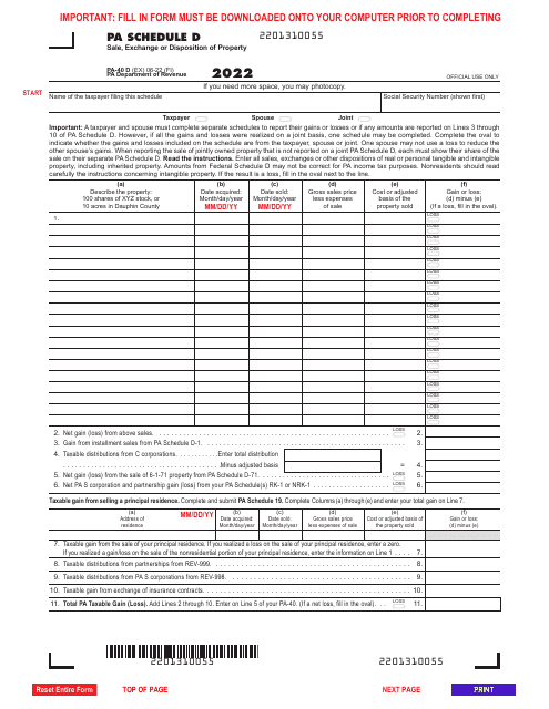 Form PA-40 Schedule D Sale, Exchange or Disposition of Property - Pennsylvania, 2022
