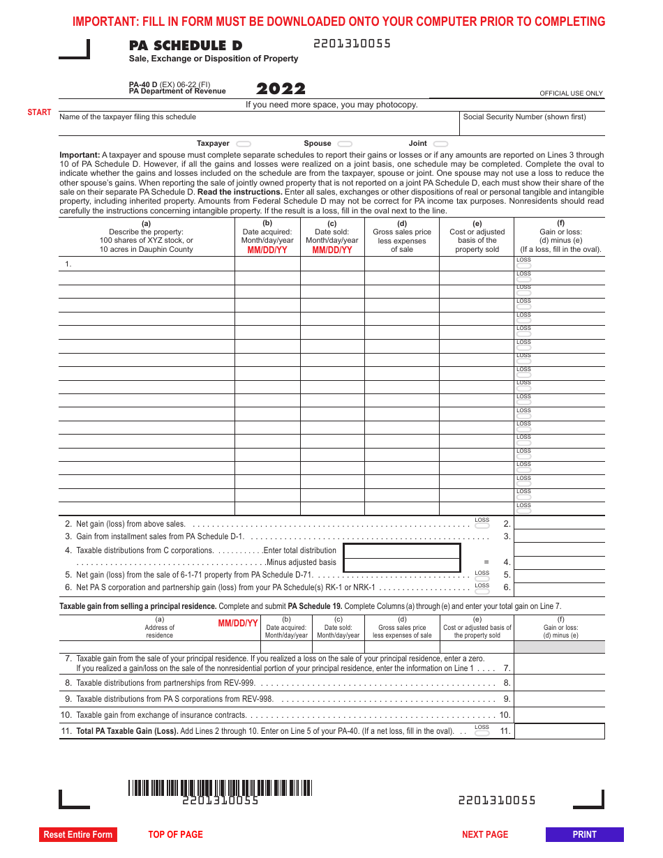 Form PA-40 Schedule D Sale, Exchange or Disposition of Property - Pennsylvania, Page 1