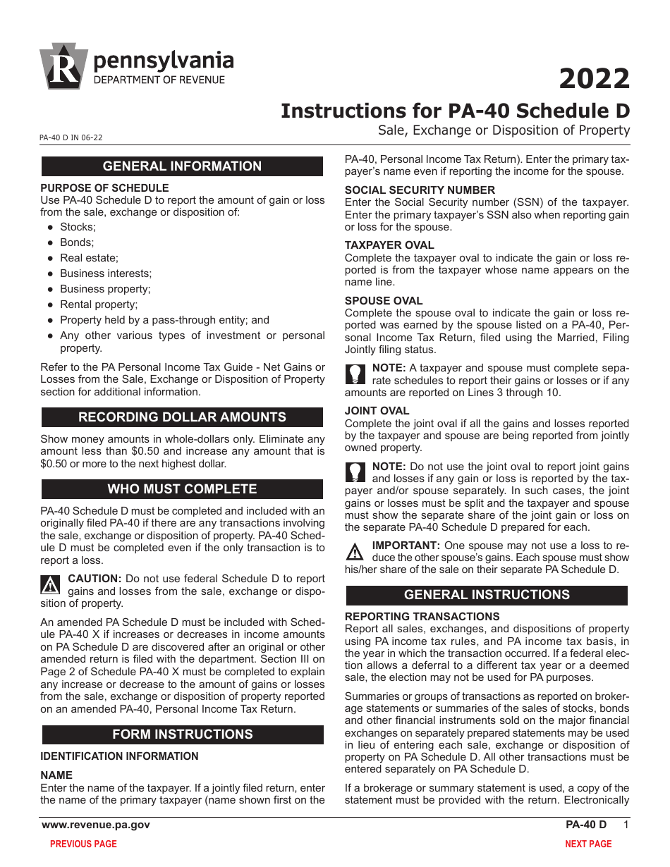 Form PA-40 Schedule D Sale, Exchange or Disposition of Property - Pennsylvania, Page 3