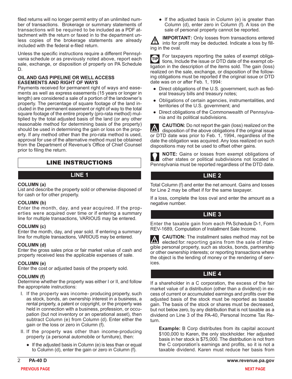 Form PA-40 Schedule D Sale, Exchange or Disposition of Property - Pennsylvania, Page 4