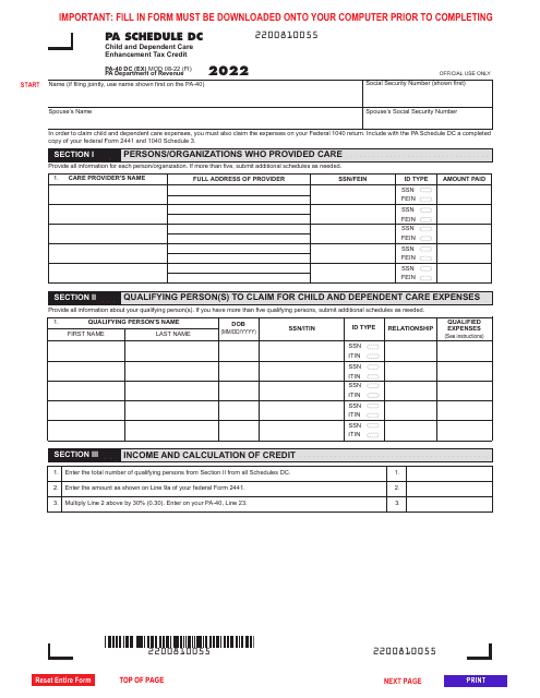 Form PA-40 Schedule DC Child and Dependent Care Enhancement Tax Credit - Pennsylvania, 2022