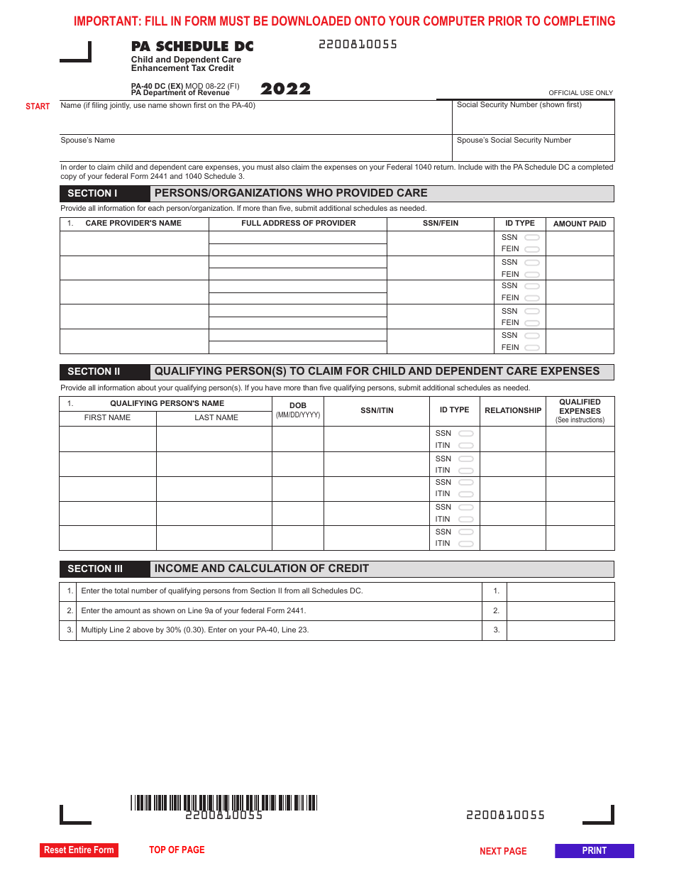 Form PA-40 Schedule DC Child and Dependent Care Enhancement Tax Credit - Pennsylvania, Page 1