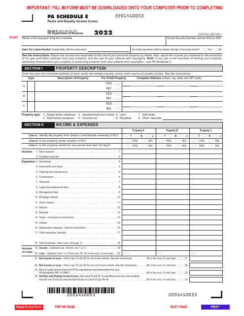 Form PA-40 Schedule E Rents and Royalty Income (Loss) - Pennsylvania, 2022