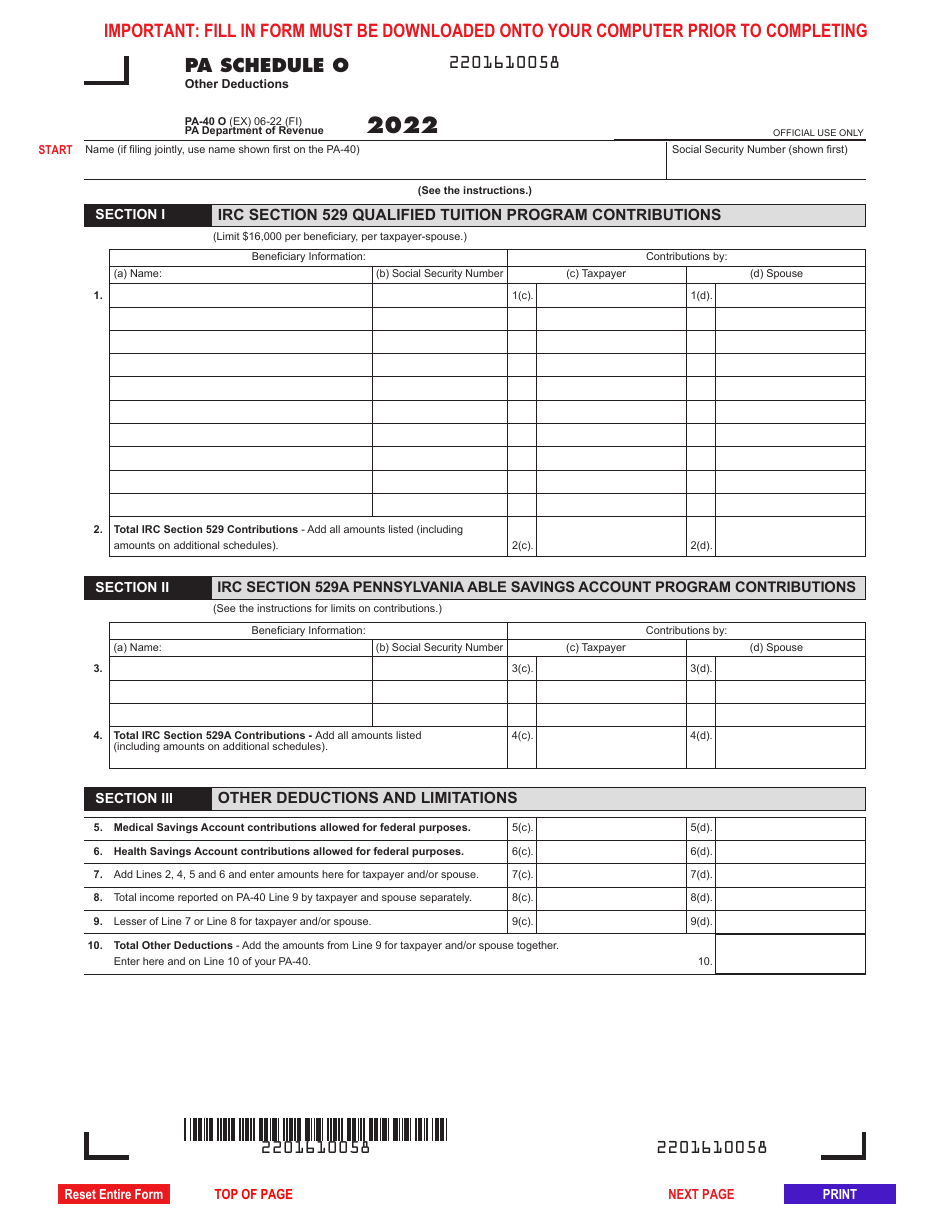 Form Pa 40 Schedule O Download Fillable Pdf Or Fill Online Other Deductions 2022 Pennsylvania 5136