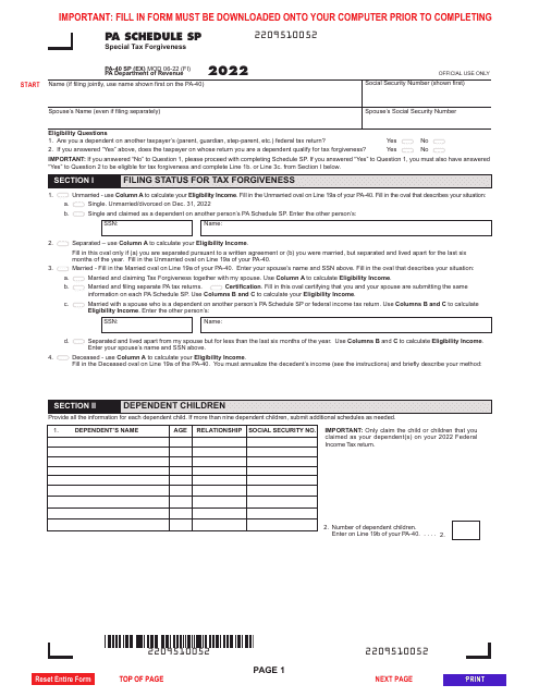 Form PA-40 Schedule SP Download Fillable PDF or Fill Online Special Tax ...