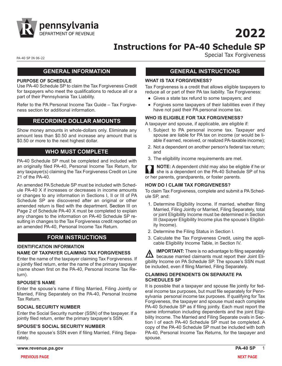 Form PA40 Schedule SP Download Fillable PDF or Fill Online Special Tax