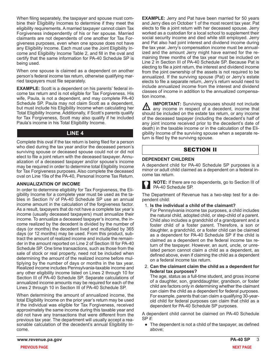 Form PA-40 Schedule SP Special Tax Forgiveness - Pennsylvania, Page 5