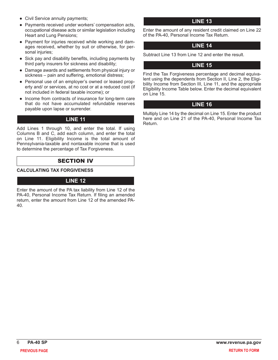 Form PA40 Schedule SP Download Fillable PDF or Fill Online Special Tax