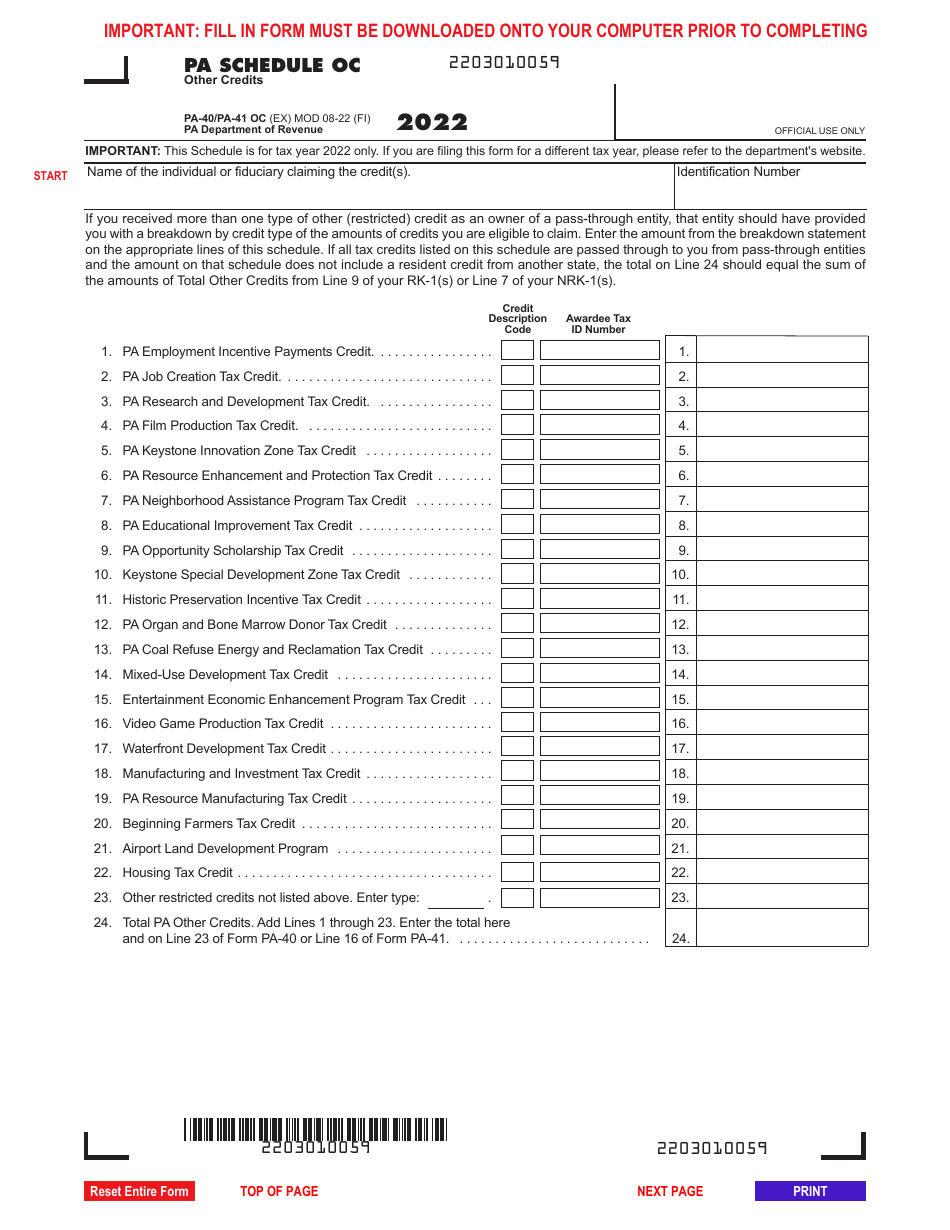 Form PA40 (PA41) Schedule OC 2022 Fill Out, Sign Online and