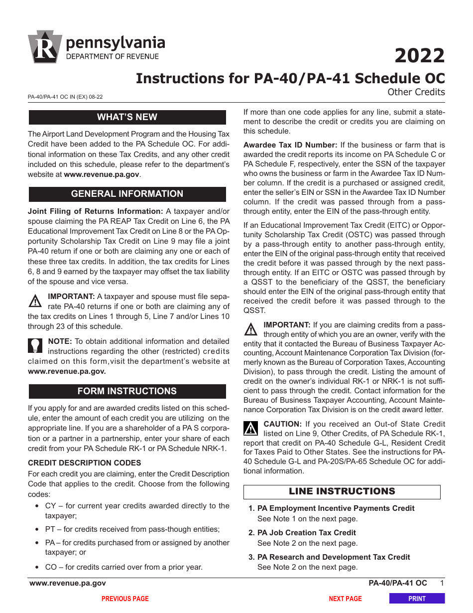 Form PA-40 (PA-41) Schedule OC Other Credits - Pennsylvania, Page 3