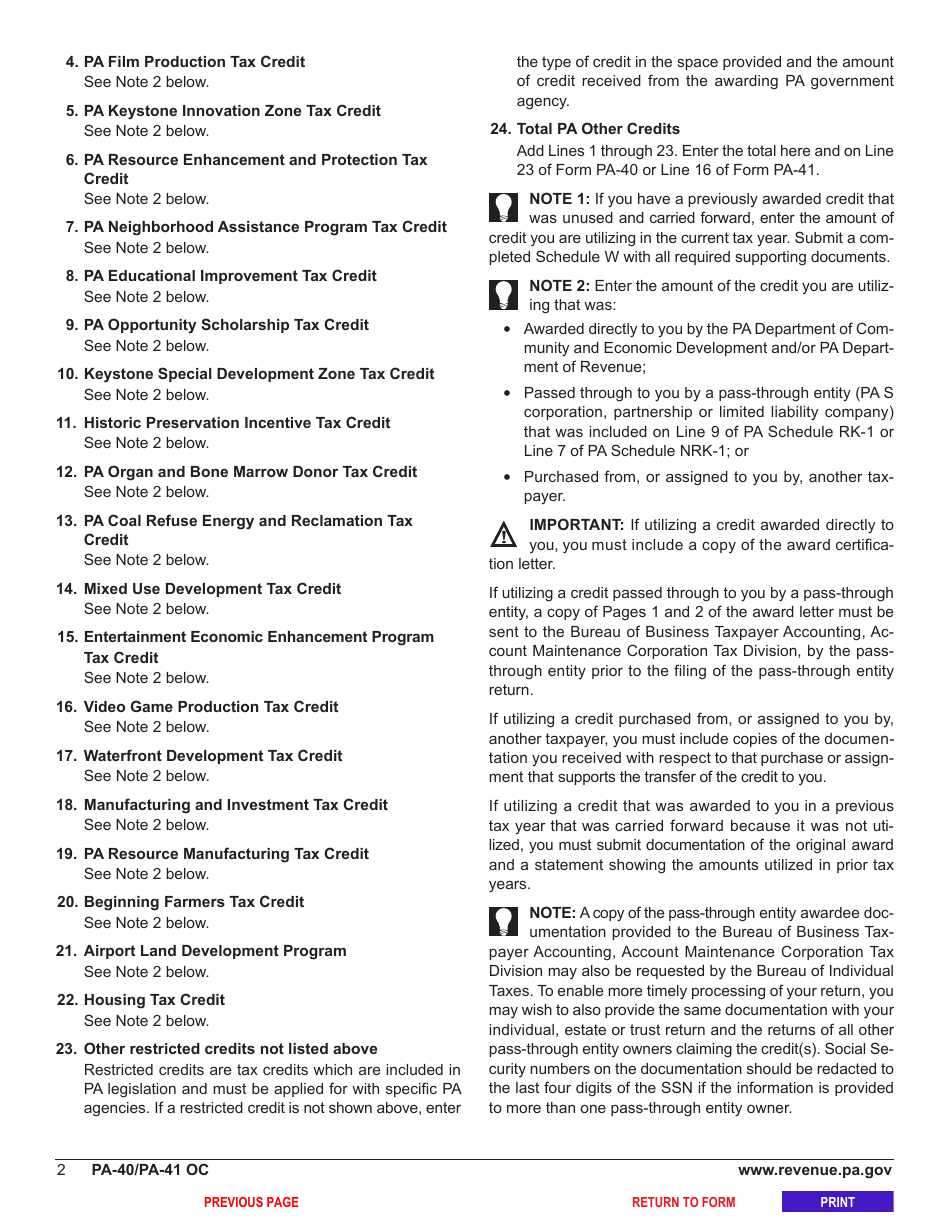 Form PA-40 (PA-41) Schedule OC Other Credits - Pennsylvania, Page 4