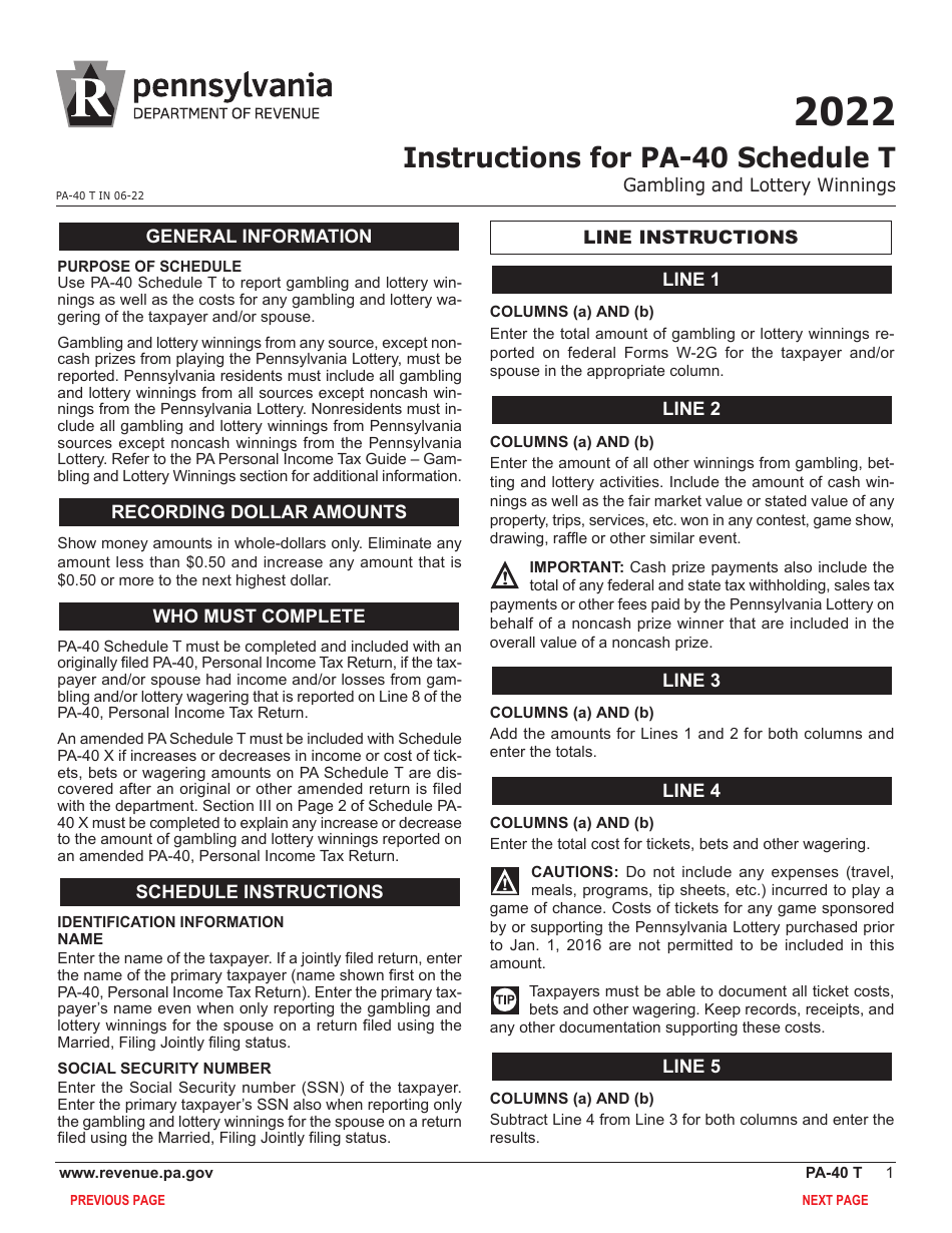 Form PA-40 Schedule T Gambling and Lottery Winnings - Pennsylvania, Page 3