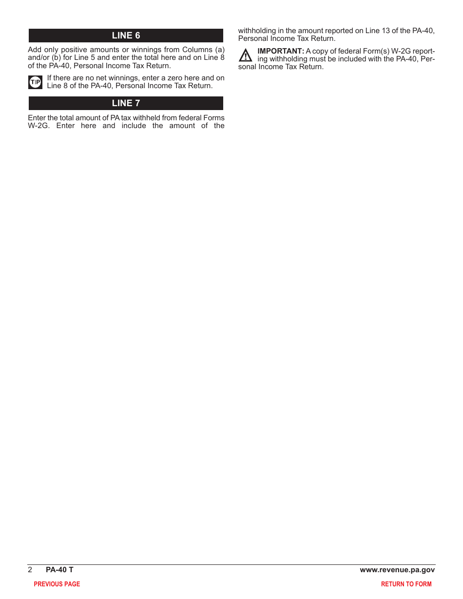 Form PA-40 Schedule T Gambling and Lottery Winnings - Pennsylvania, Page 4