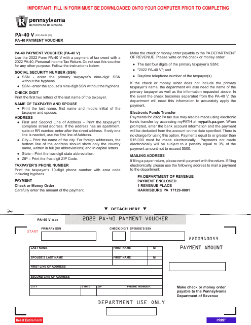 Form PA-40 V Payment Voucher - Pennsylvania