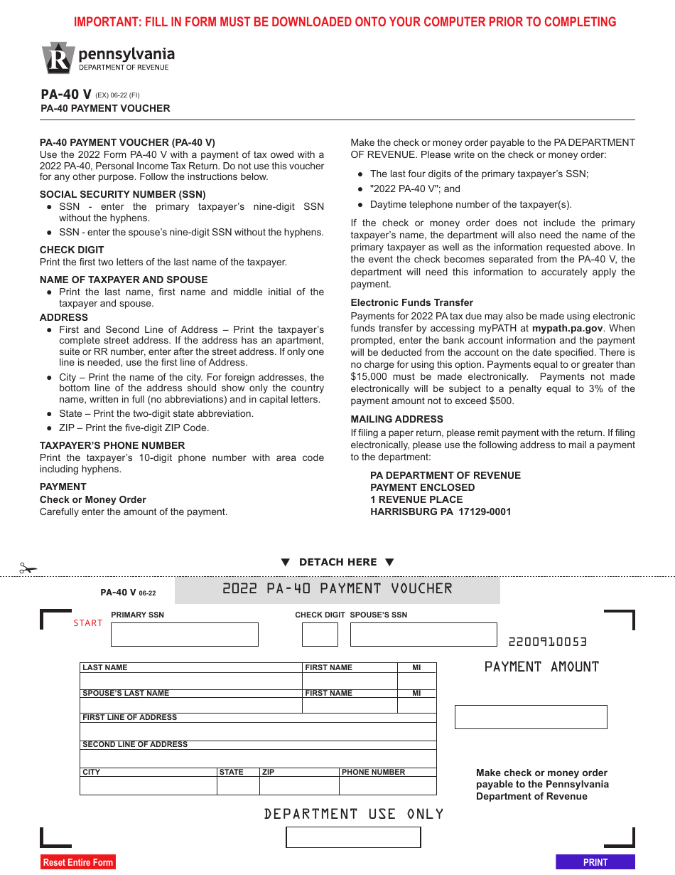 Form PA-40 V Download Fillable PDF or Fill Online Payment Voucher ...