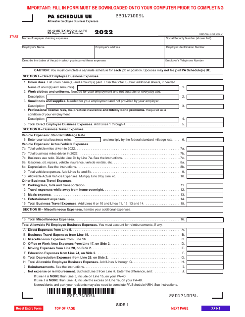 Form PA-40 Schedule UE Allowable Employee Business Expenses - Pennsylvania, 2022
