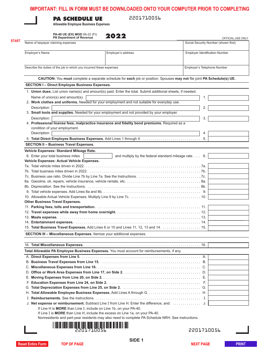 Form PA-40 Schedule UE - 2022 - Fill Out, Sign Online and Download ...