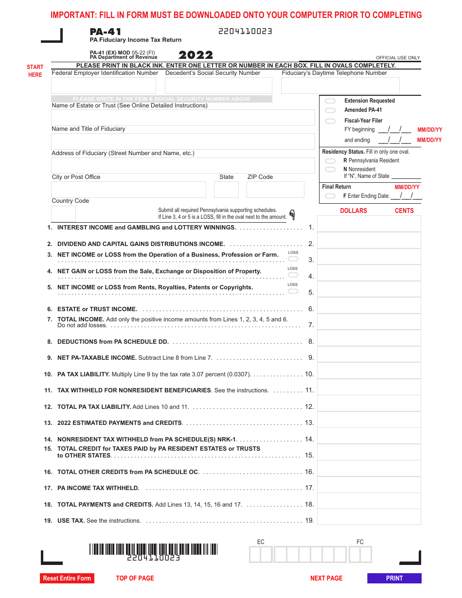 Form PA41 Download Fillable PDF or Fill Online Pa Fiduciary Tax