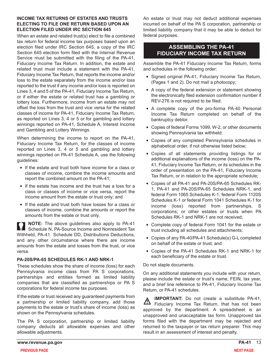 Form PA-41 Pa Fiduciary Income Tax Return - Pennsylvania, Page 15