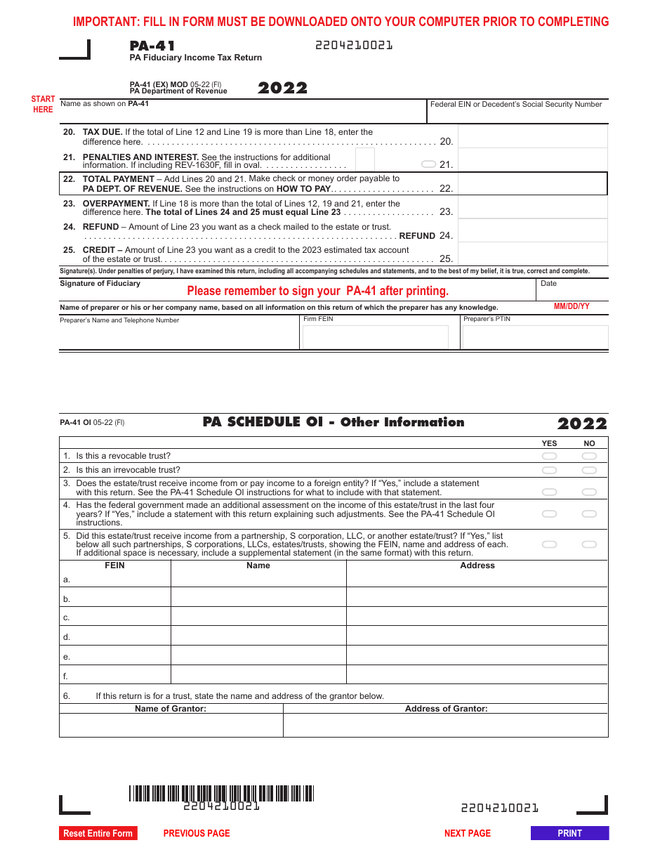 Form PA-41 Pa Fiduciary Income Tax Return - Pennsylvania, Page 2