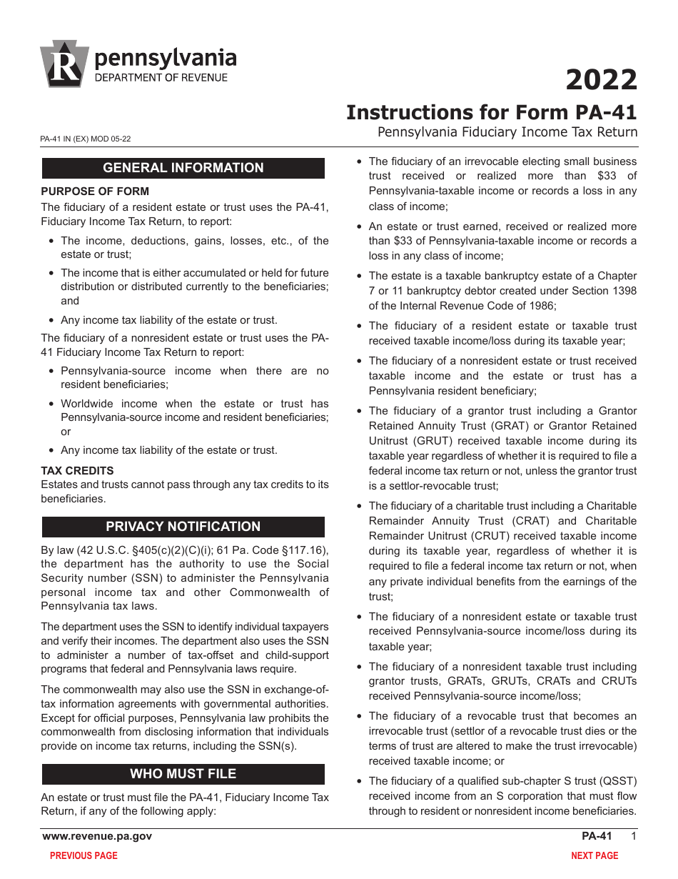 Form PA-41 Pa Fiduciary Income Tax Return - Pennsylvania, Page 3