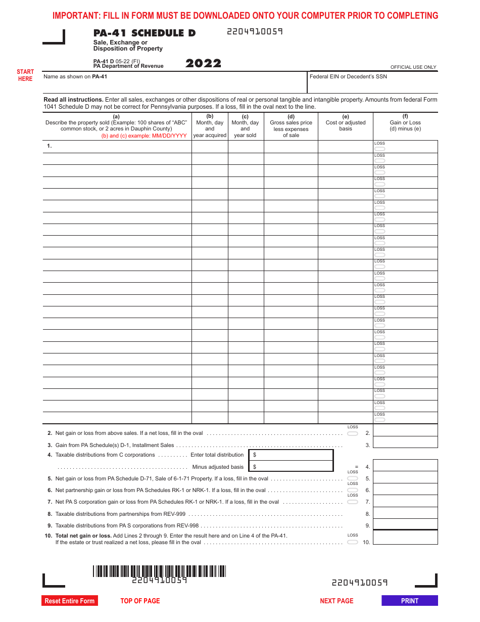 Form PA-41 Schedule D Sale, Exchange or Disposition of Property - Pennsylvania, Page 1
