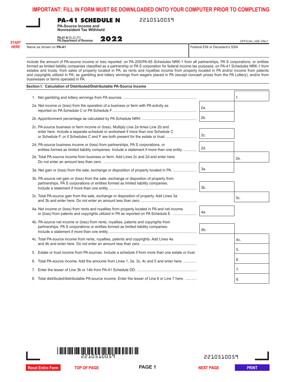 Form PA-41 N Schedule N Pa-Source Income and Nonresident Tax Withheld - Pennsylvania, Page 1