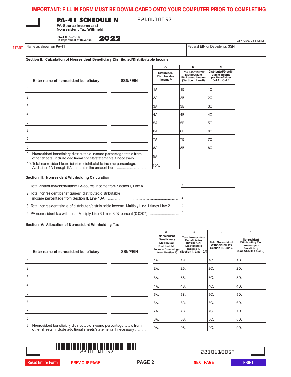 Form PA-41 N Schedule N Pa-Source Income and Nonresident Tax Withheld - Pennsylvania, Page 2