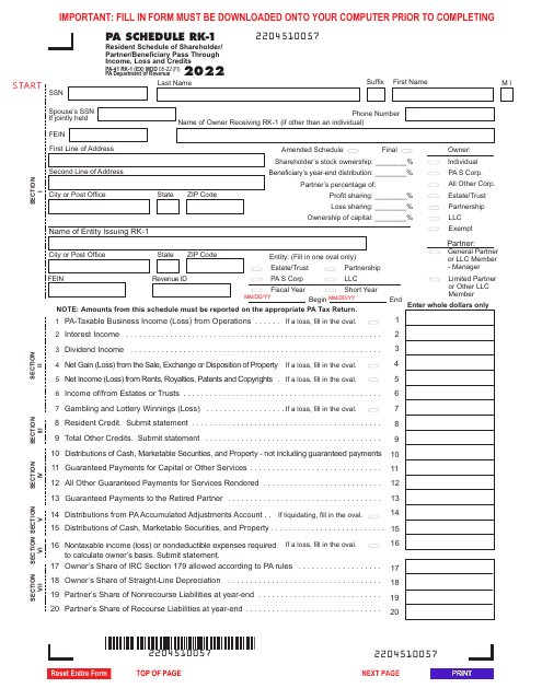 Form PA-41 Schedule RK-1 Resident Schedule of Shareholder/Partner/Beneficiary Pass Through Income, Loss and Credits - Pennsylvania, 2022