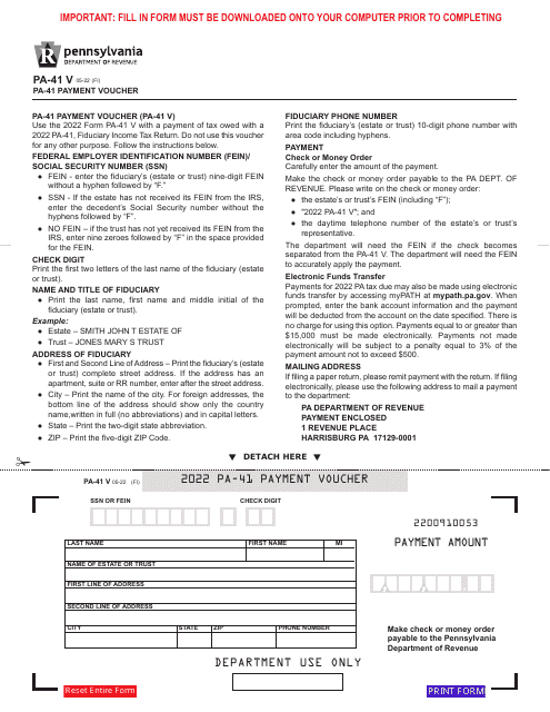 Form PA-41 V Payment Voucher - Pennsylvania, 2022