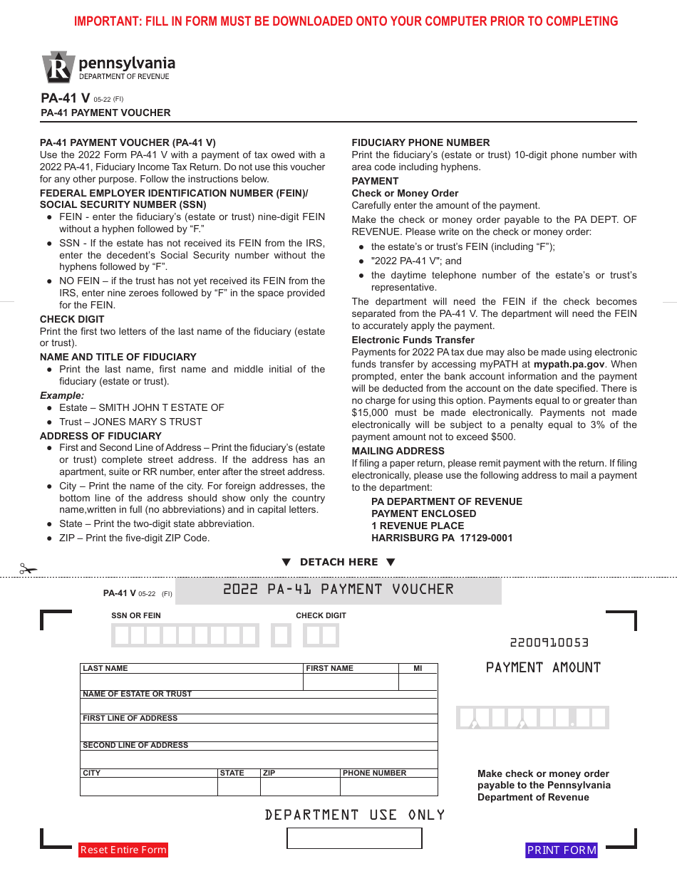 Form PA-41 V Payment Voucher - Pennsylvania, Page 1