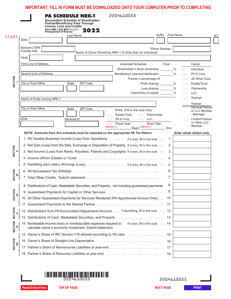 2018 — 2024 Form PA-41 Schedule NRK-1 Download Fillable PDF or Fill ...