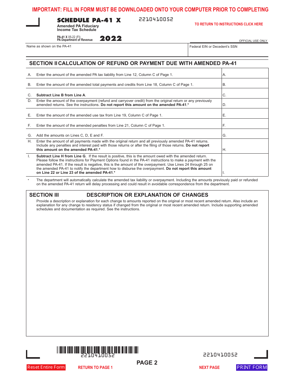 Form PA-41 Schedule X Amended Pa Fiduciary Income Tax Schedule - Pennsylvania, Page 2