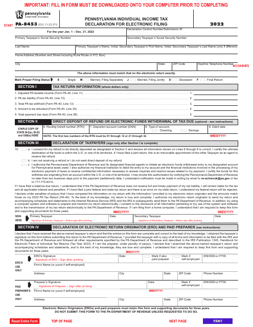 Form PA-8453 Pennsylvania Individual Income Tax Declaration for Electronic Filing - Pennsylvania, 2022