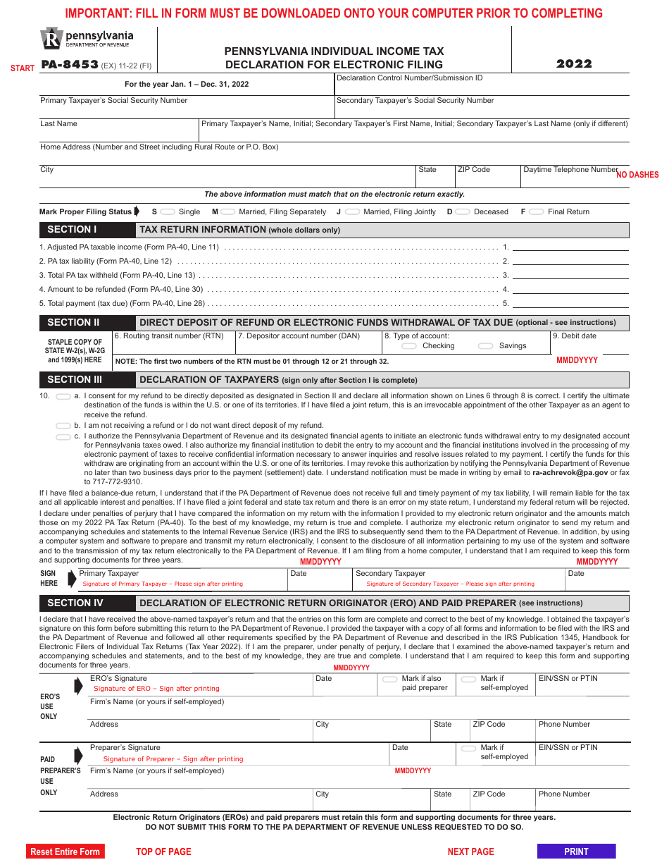 Form PA-8453 Pennsylvania Individual Income Tax Declaration for Electronic Filing - Pennsylvania, Page 1