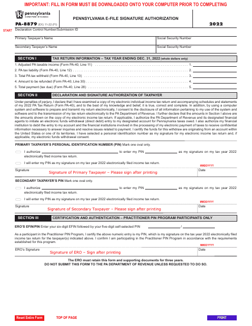 Form PA-8879 Pennsylvania E-File Signature Authorization - Pennsylvania, 2022