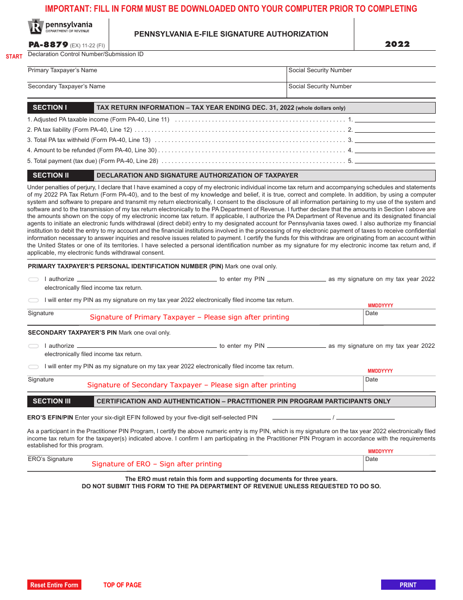 Form PA-8879 Pennsylvania E-File Signature Authorization - Pennsylvania, Page 1
