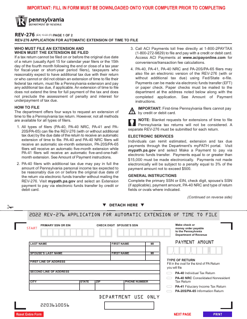 Form REV-276 2022 Printable Pdf