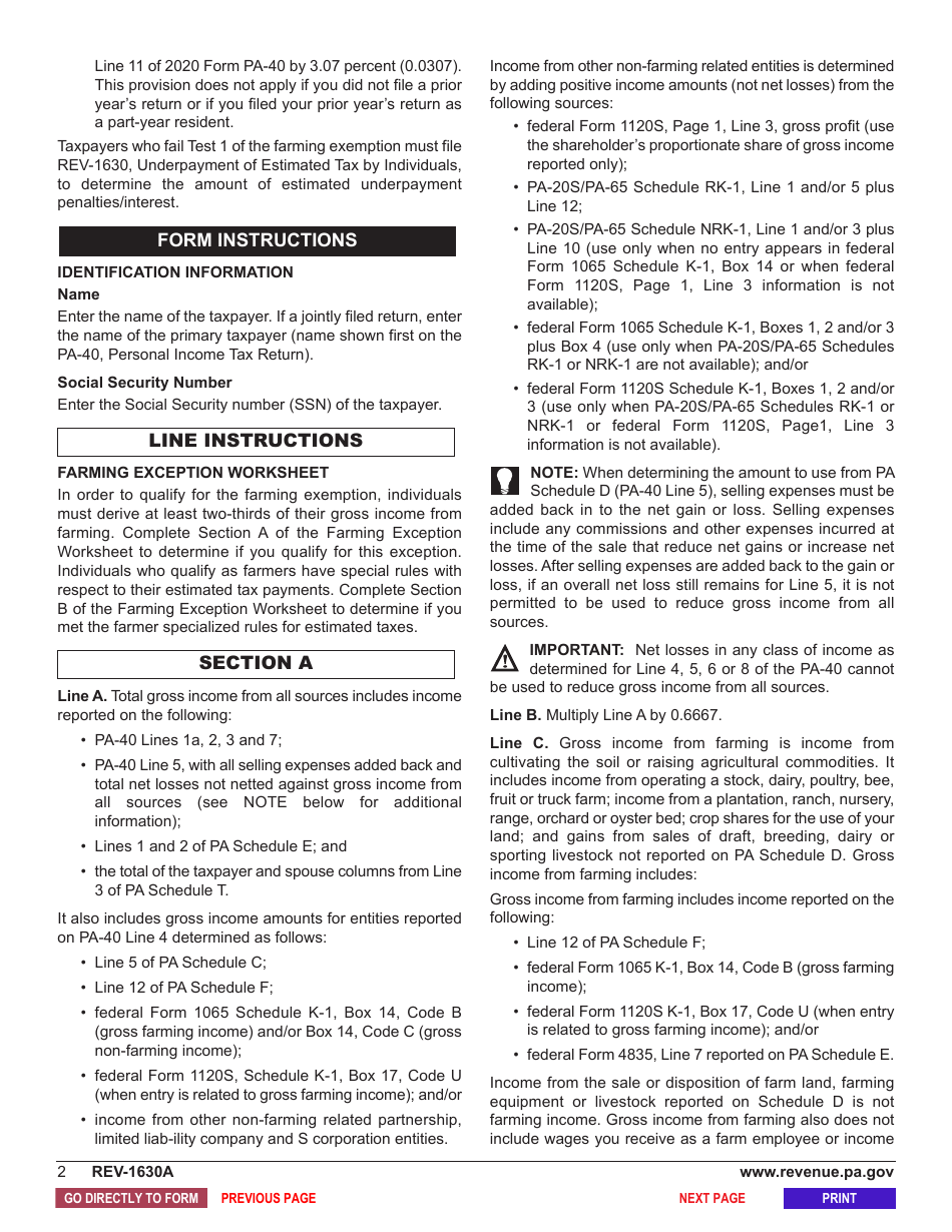 Form REV-1630A Underpayment of Estimated Tax by Individual Farmers - Pennsylvania, Page 4