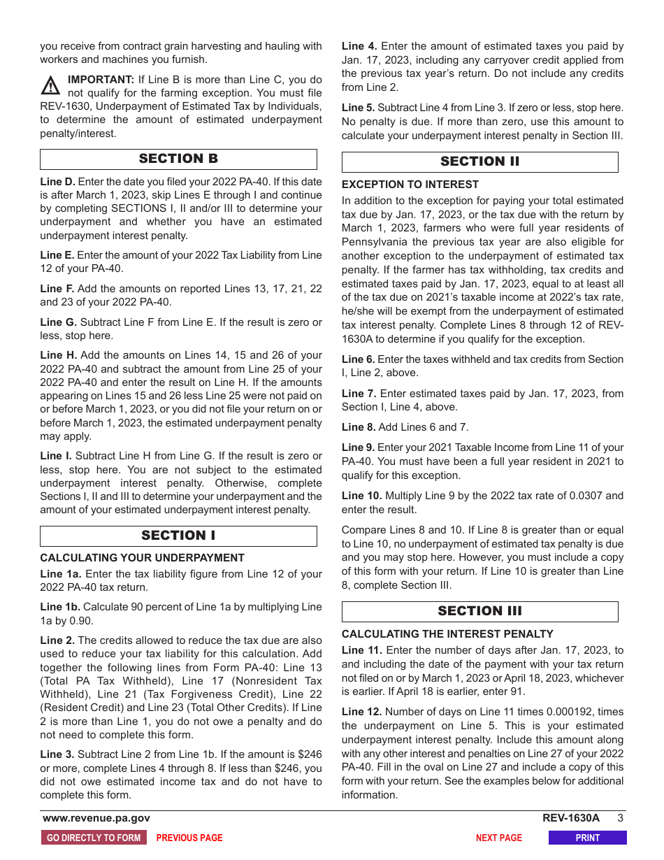 Form REV-1630A Underpayment of Estimated Tax by Individual Farmers - Pennsylvania, Page 5