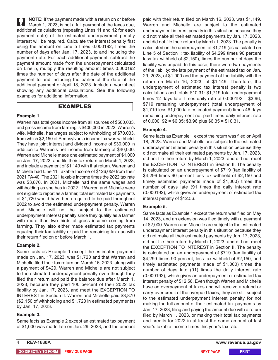 Form REV-1630A Underpayment of Estimated Tax by Individual Farmers - Pennsylvania, Page 6