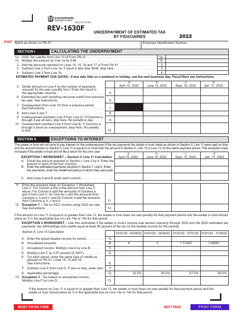 Form REV-1630F Underpayment of Estimated Tax by Fiduciaries - Pennsylvania, 2022