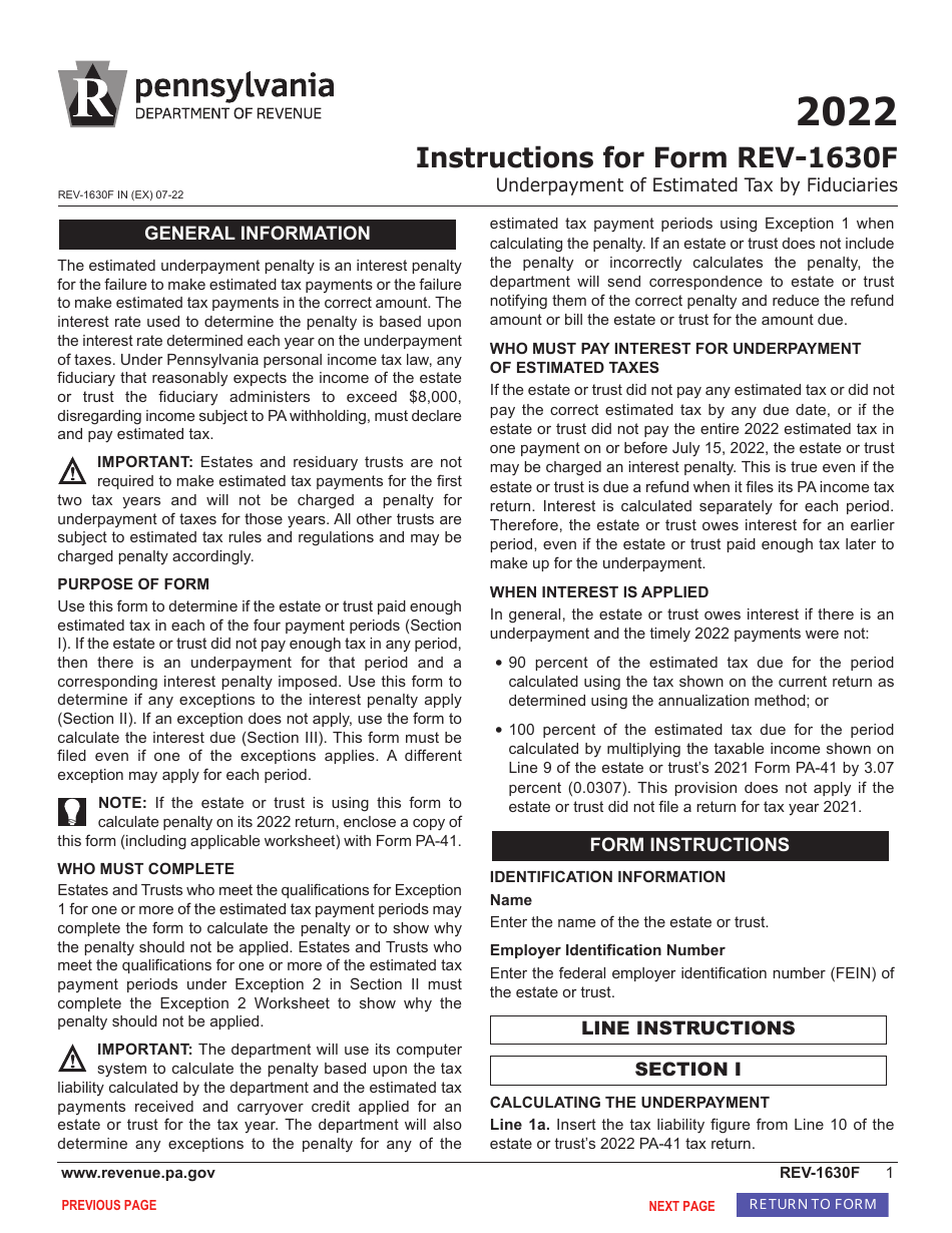 Form REV-1630F Underpayment of Estimated Tax by Fiduciaries - Pennsylvania, Page 3