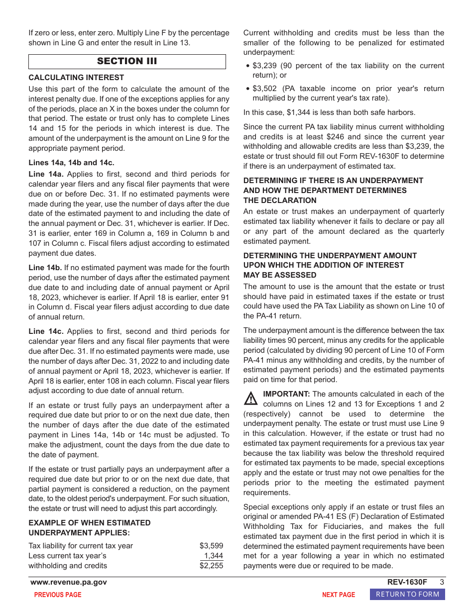 Form REV-1630F Underpayment of Estimated Tax by Fiduciaries - Pennsylvania, Page 5