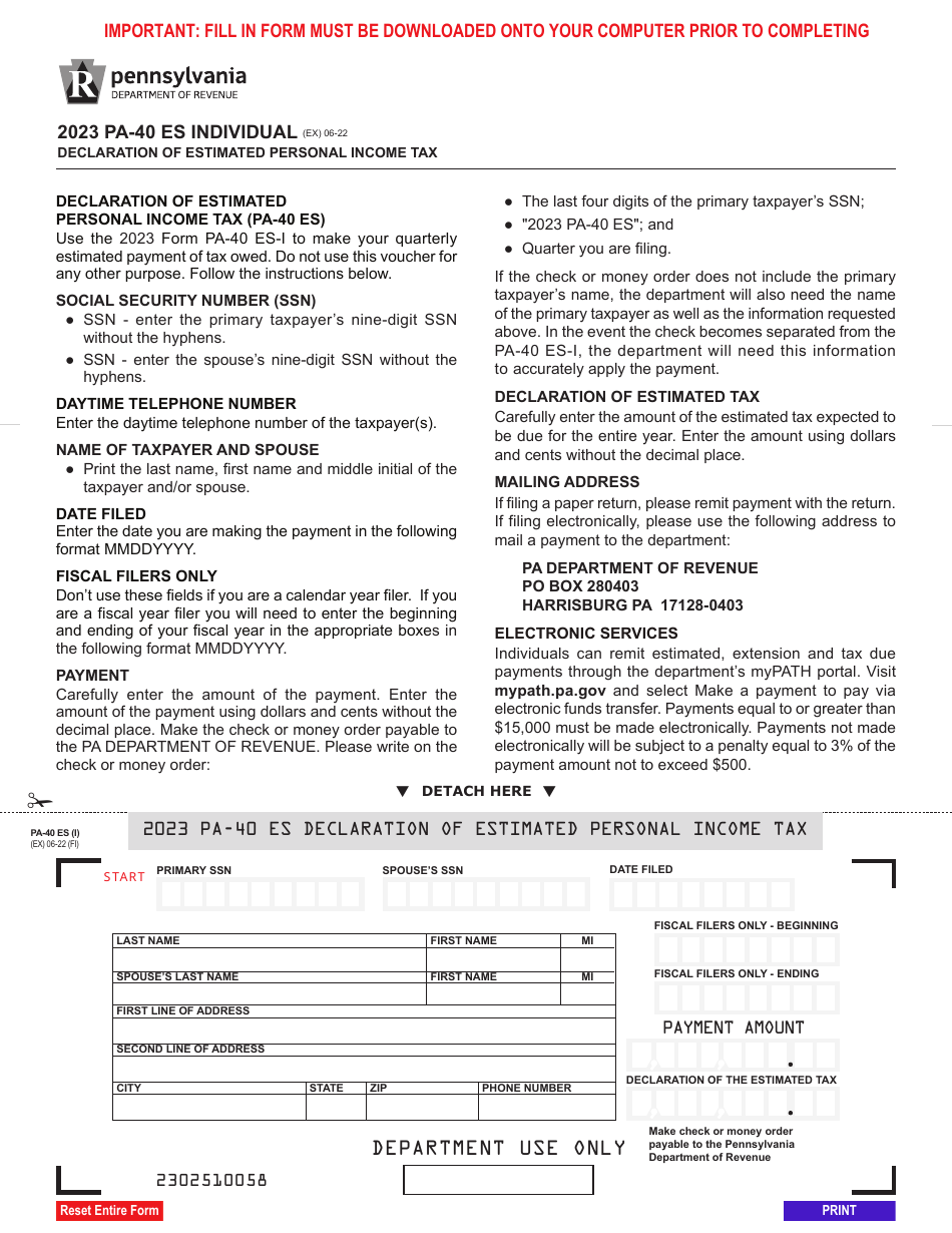 Form PA-40 ES (I) Declaration of Estimated Personal Income Tax - Pennsylvania, Page 1
