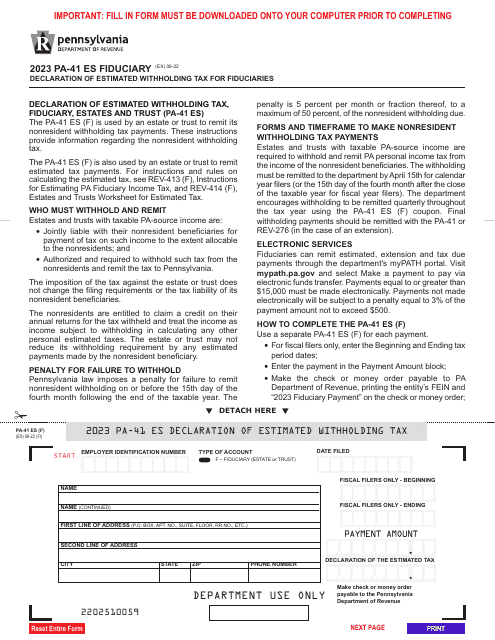 Form PA-41 ES (F) Declaration of Estimated Withholding Tax for Fiduciaries - Pennsylvania, 2023