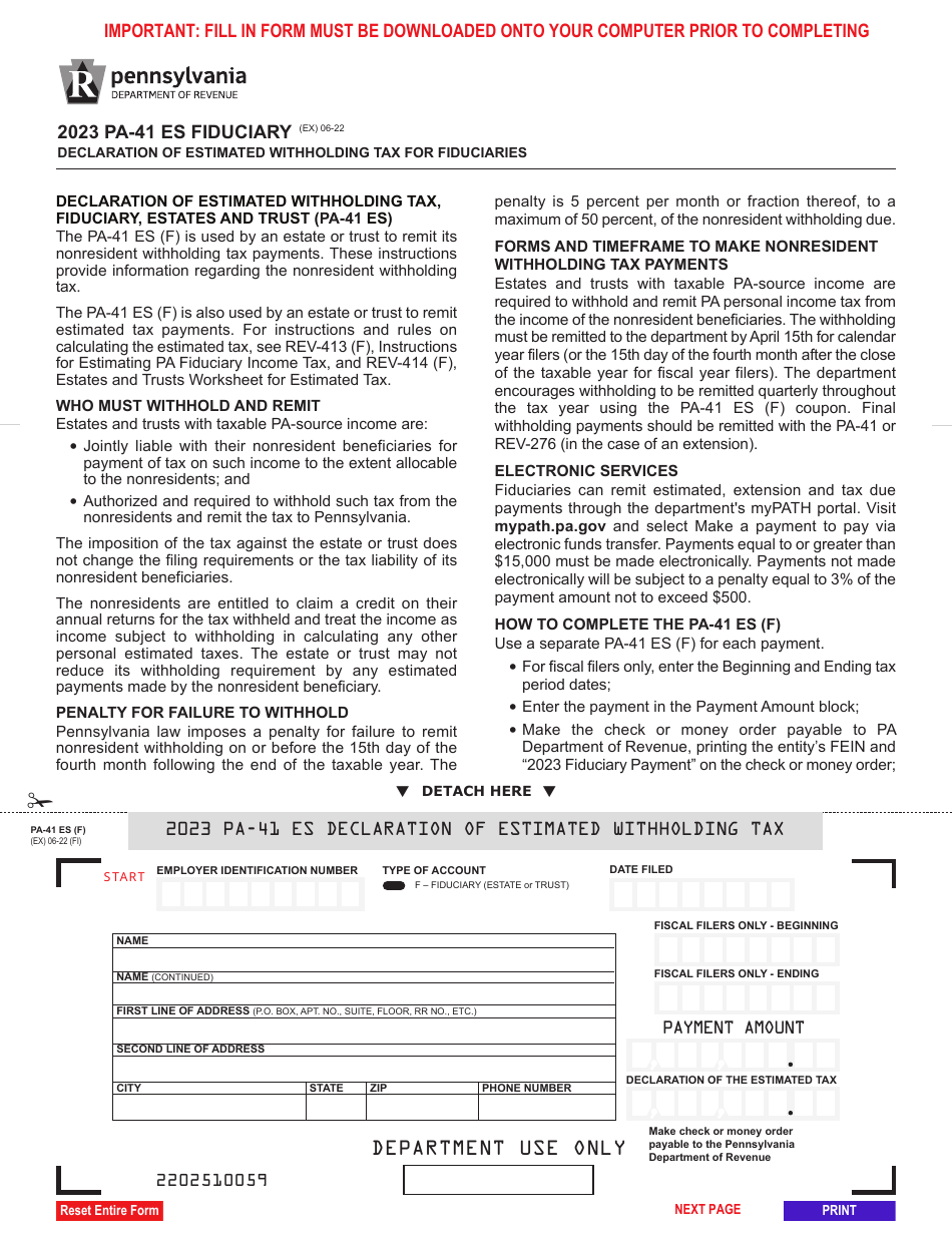 Form PA-41 ES (F) Declaration of Estimated Withholding Tax for Fiduciaries - Pennsylvania, Page 1